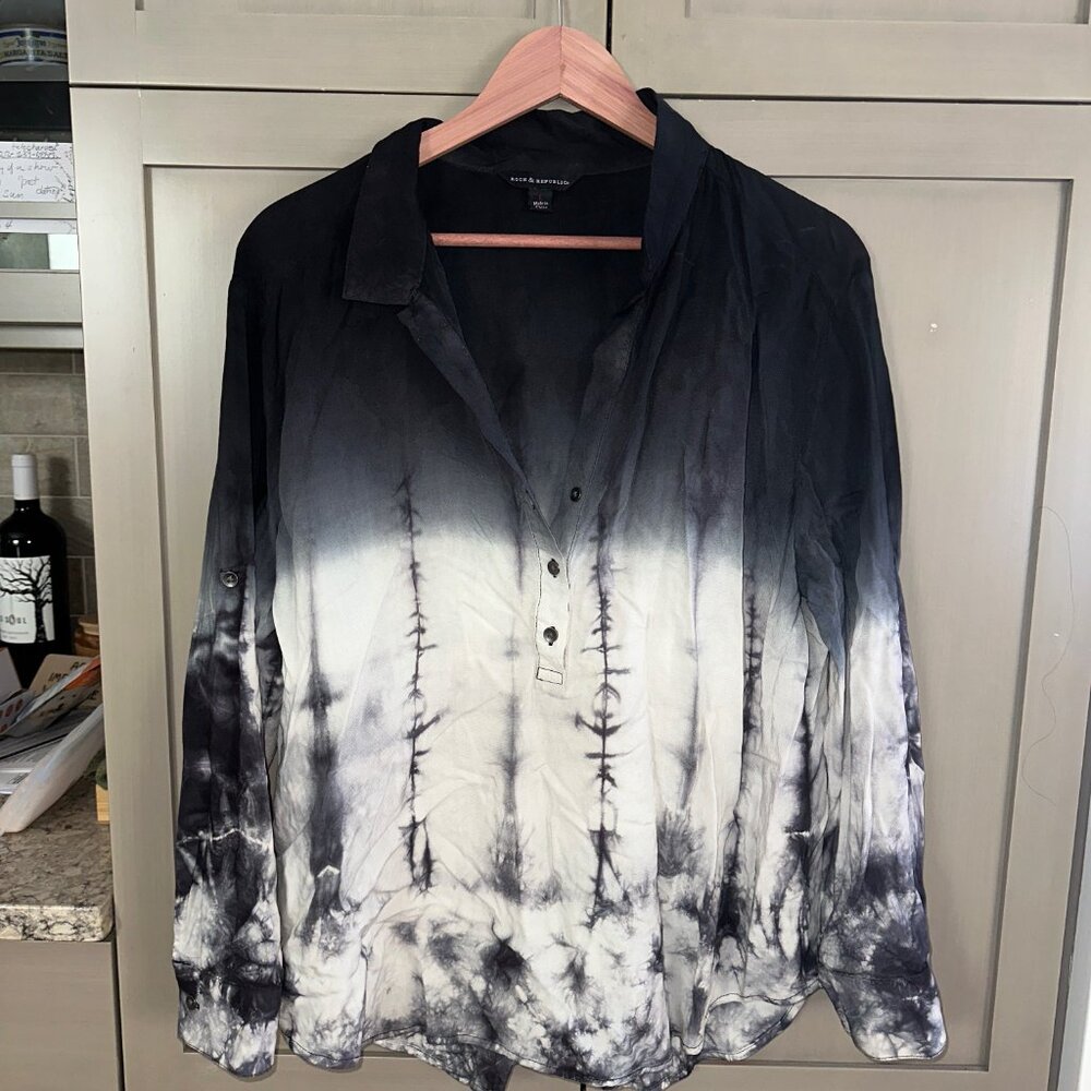 Rock & Republic Dark gray Tie-Dye tab sleevePopover Button-Down Shirt Size Large